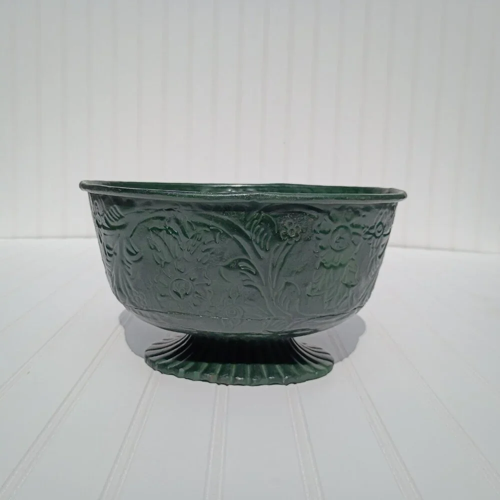 Vintage Floral Embossed Green Metal Oval Planter Cast Brass Pedestal Bowl MCM